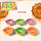 Decorative Hand Painted Clay Puja Diya (6 Pcs Set/ Mix Design)