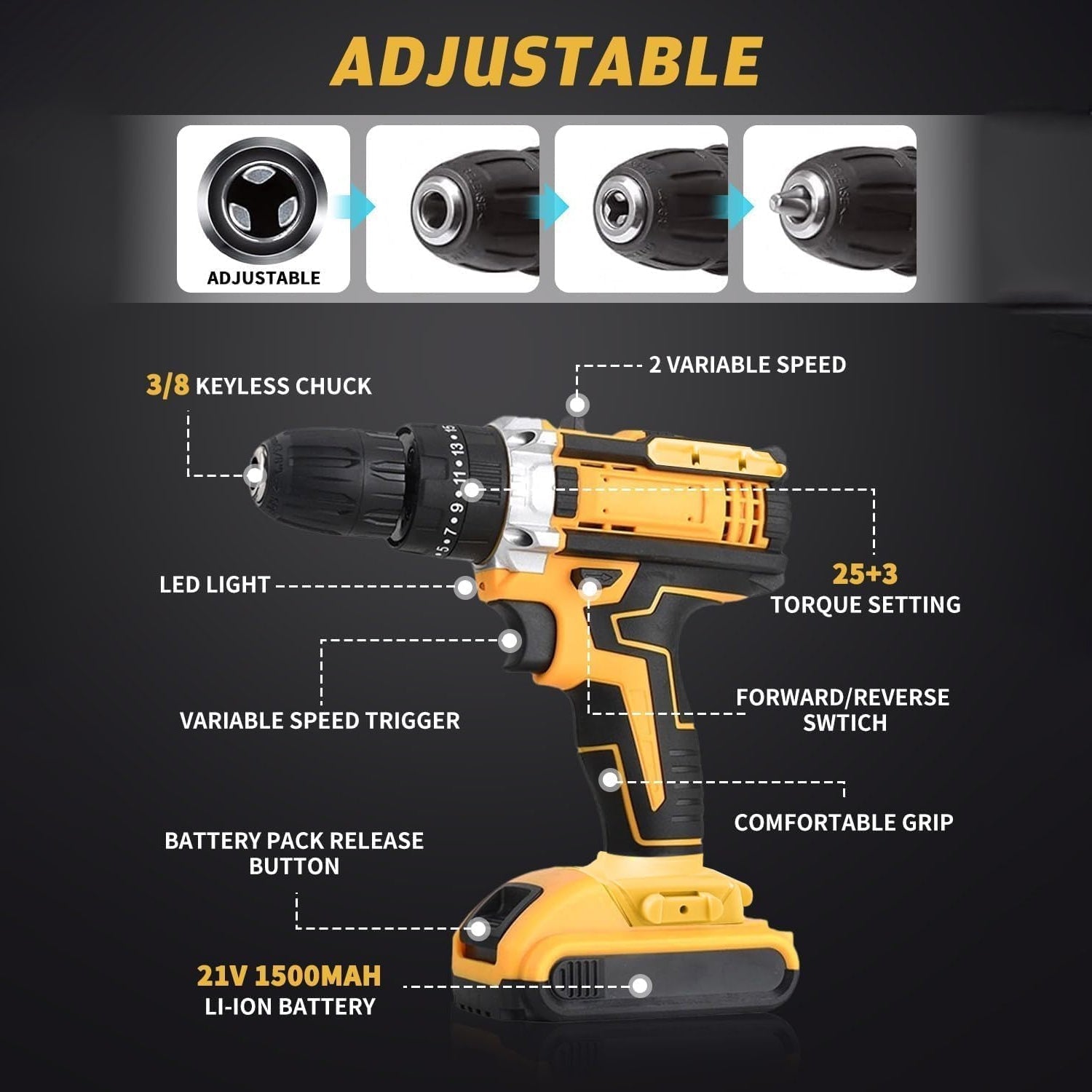  21 V lithium Double battery cordless drill set (29 Pcs Set) - key feature close-up