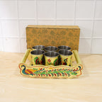 Peacock Design Glass with Handle and Handicraft Serving Tray Set