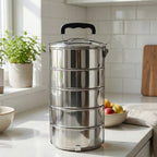 5 Compartment Lunch Box (Stainless Steel): Round Tiffin, Leakproof (16x5")